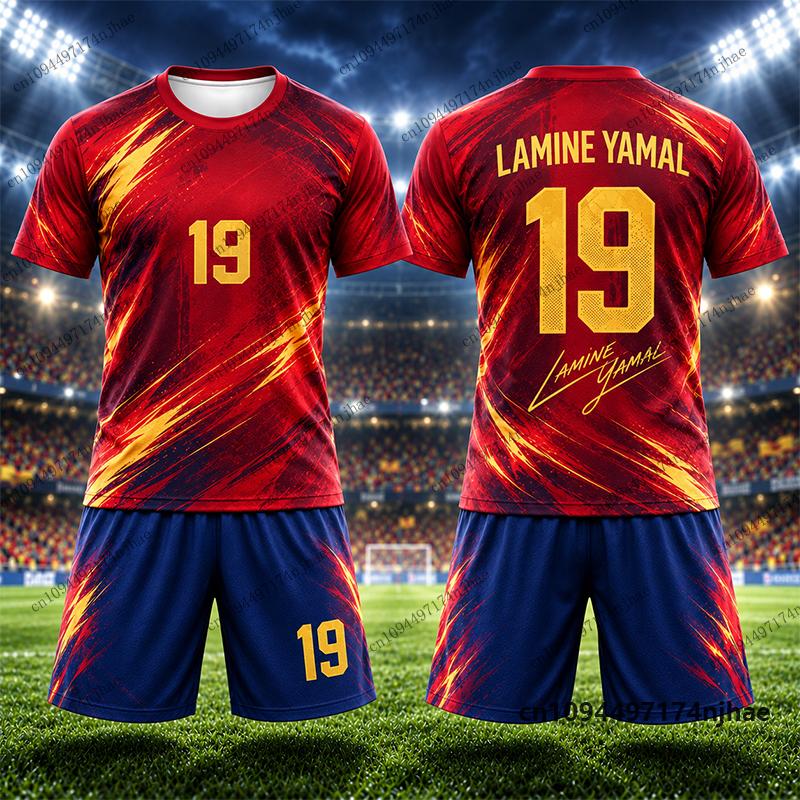 Tuta da Ginnastica per Bambini Spagna Tifosi Yamal #19 Stampa Maglietta+Pantaloncini Set Tuta Sportiva Calcio Allenamento Bambini/Adulti Completi 2 Pezzi