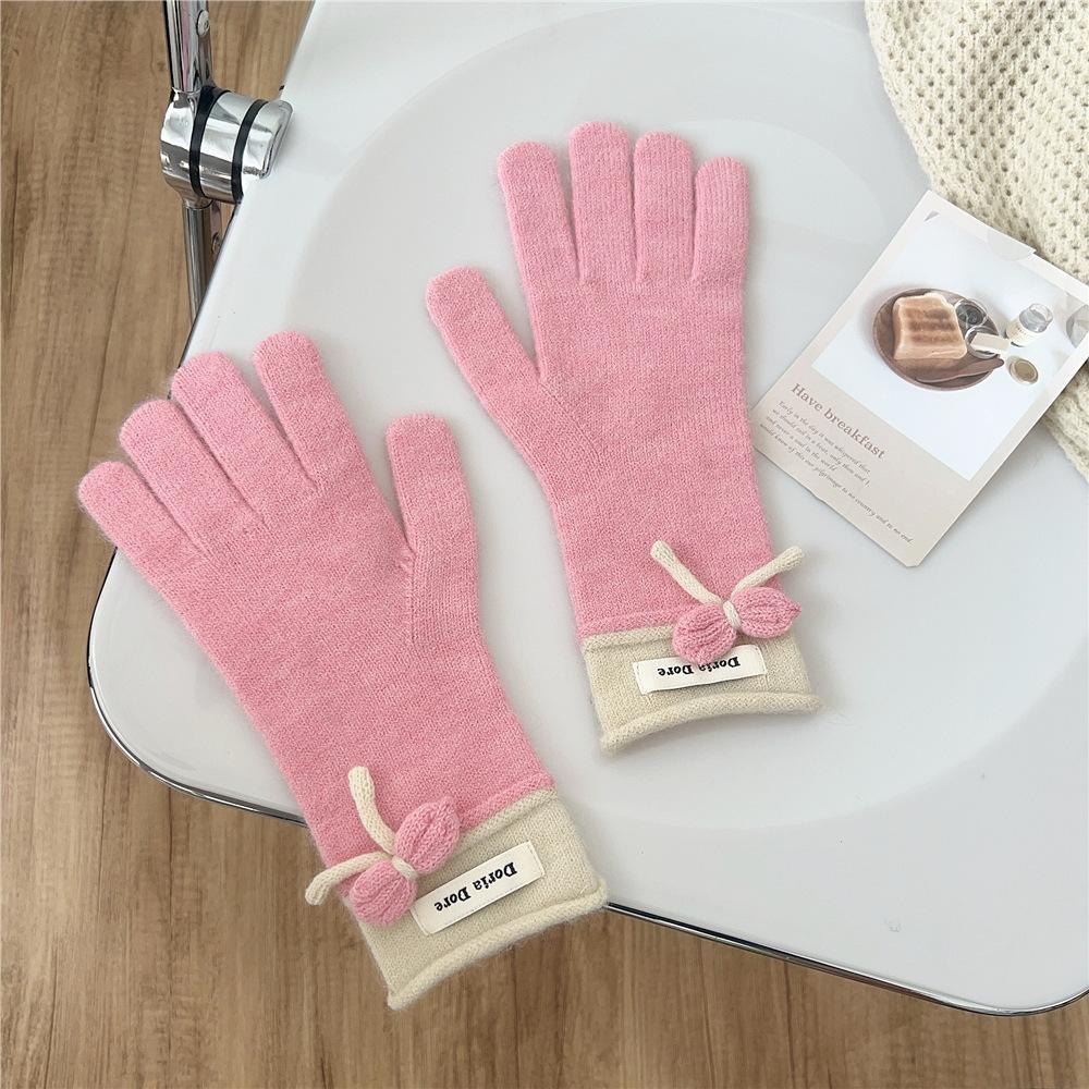 Bow Gloves for Women In Winter Korean Style Versatile Student Cute Five Finger Wool Knitted Couple Men Warm Riding