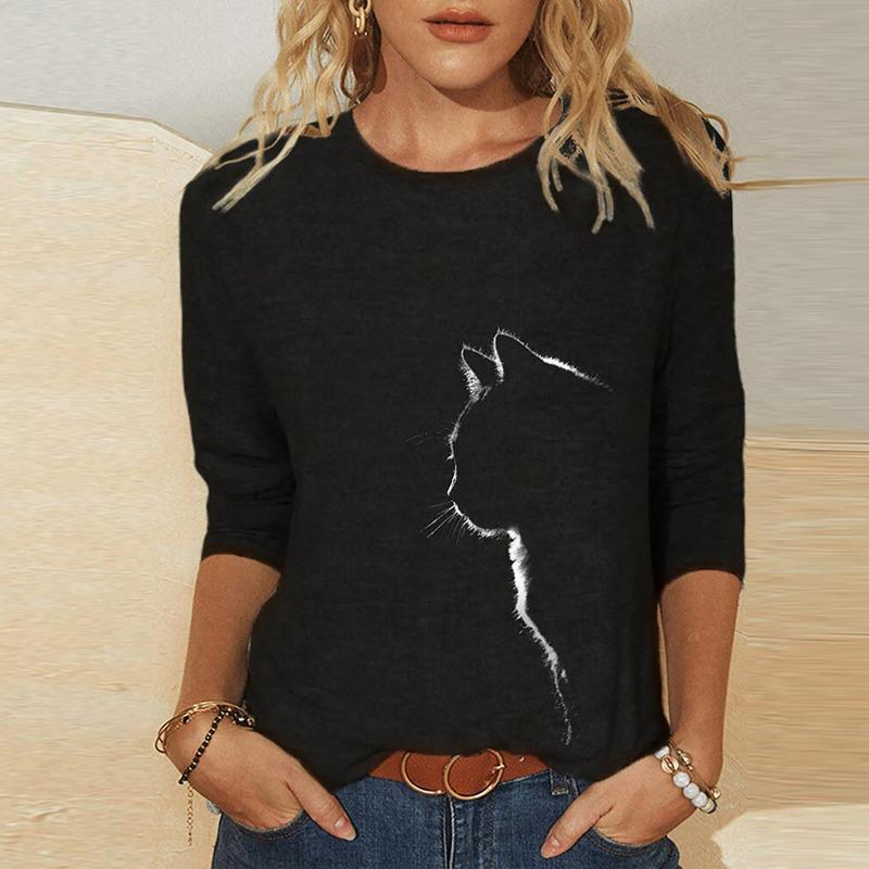 Women Autumn Winter Tops Loose Cat Print Causal Long Sleeve T-shirt Top Blouse