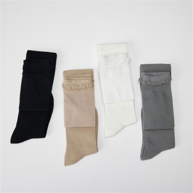 Solid Color Stretch Ruffle Trim Over Knee Long Socks for Women Japanese Student Sheer Mesh Splicing Thigh High Stockings