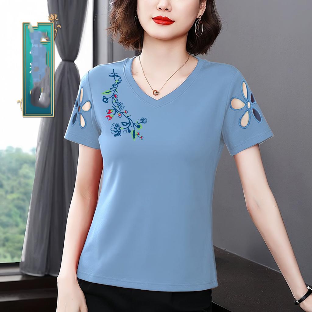 Summer Women's Pullovers Solid Color V-Neck Embroidery Hollow Out Fashion Loose Short Sleeve Commuter T-shirt Tops