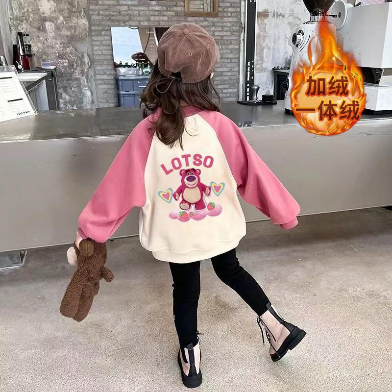 Girls Winter Fleece Hoodie Colorblock Raglan Cartoon Pullover Warm Round Neck Top For Kids 80