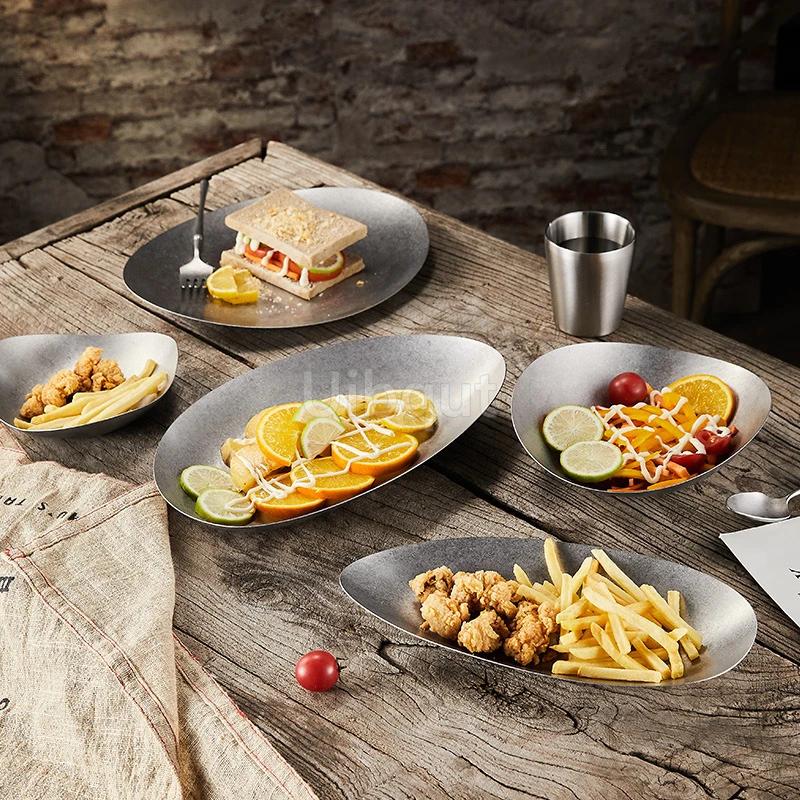 Creative irregular plate High-end stainless steel outdoor tableware Western-style dinner plates Vintage alien-shaped plate