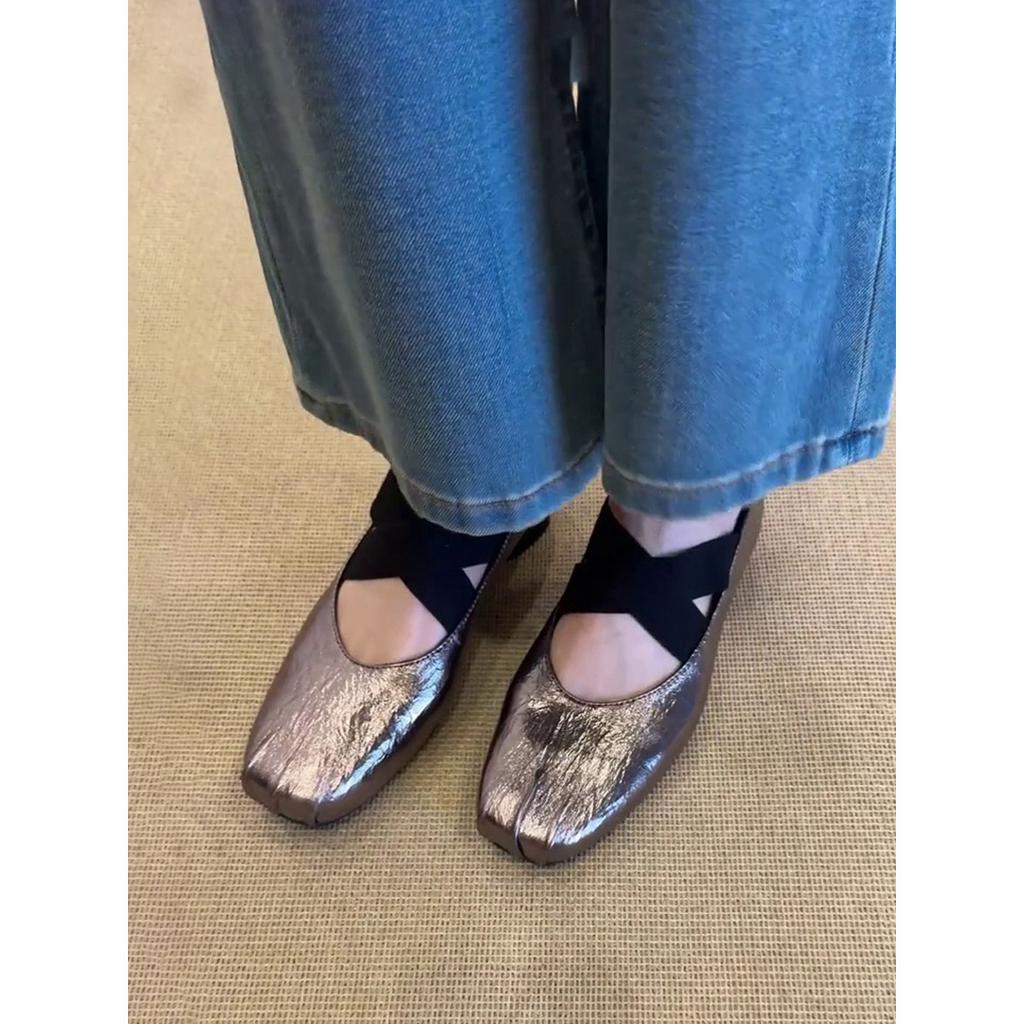 Sheepskin version~ Square head retro handmade ballet single shoes women's cross strap thick heel ballet shoes Mary Jane single shoes