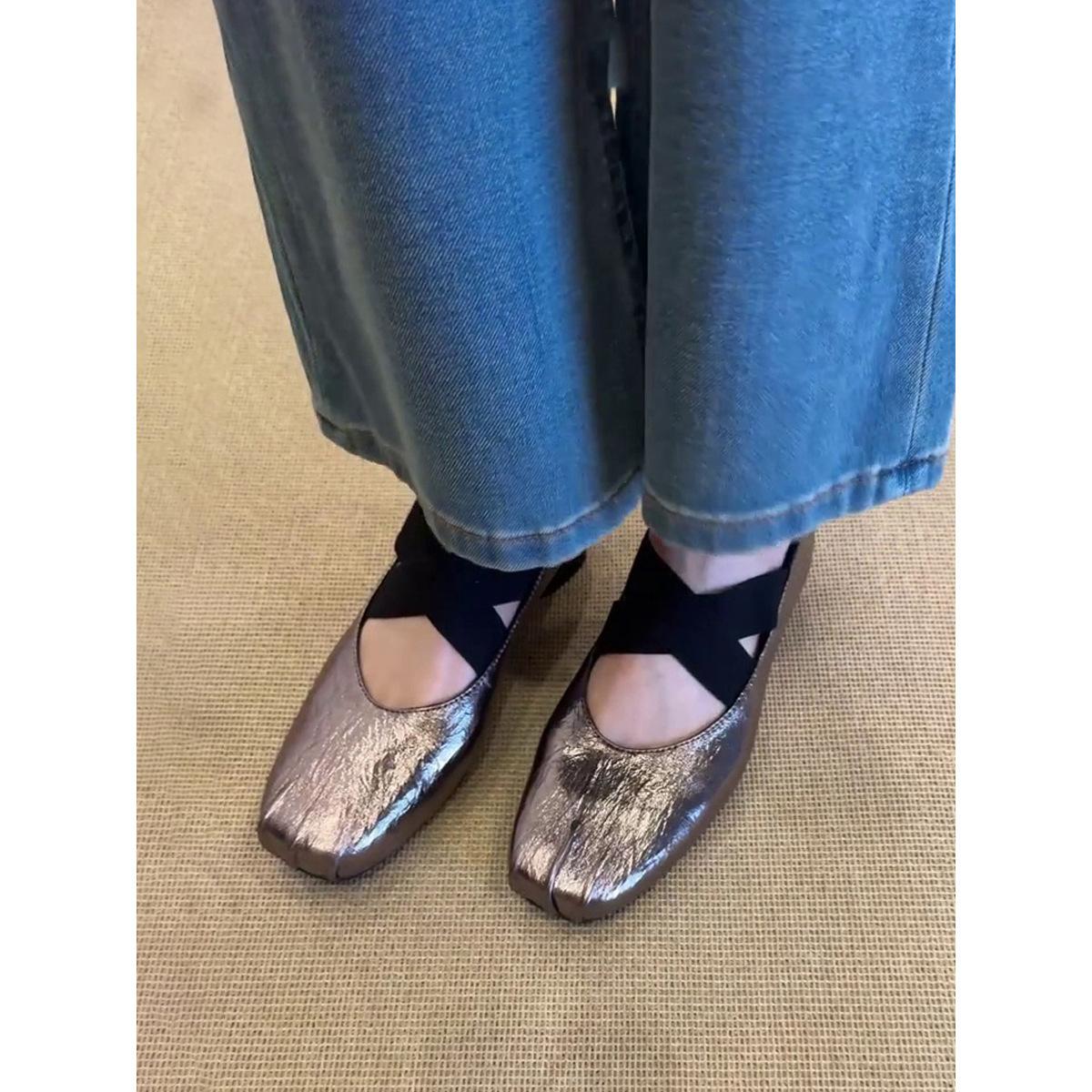 

Sheepskin version~ Square head retro handmade ballet single shoes women s cross strap thick heel ballet shoes Mary Jane single shoes 40