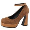 Block High Heels Platform Pumps Shoes Woman Round Toe Ankle Strap Flock Black Red Heeled Party Wedding Office Shoes Ladies