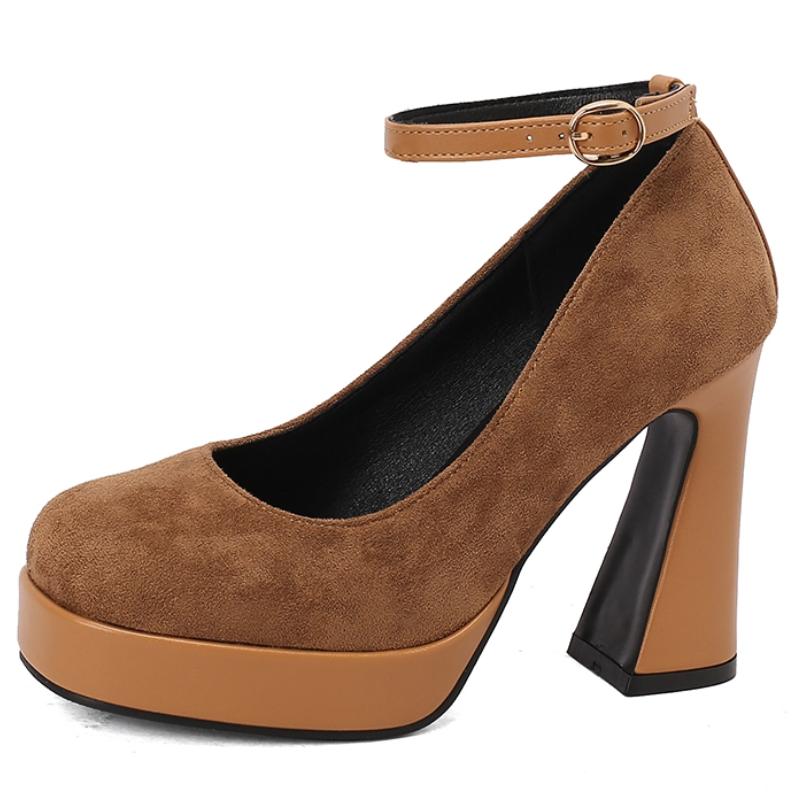 Block High Heels Platform Pumps Shoes Woman Round Toe Ankle Strap Flock Black Red Heeled Party Wedding Office Shoes Ladies