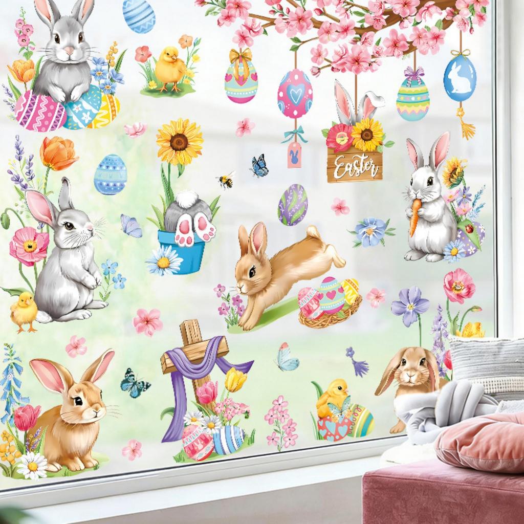 2 Sheets Easter Bunny Window Clings Cartoon Egg Stickers Cute Decoration For Home Classroom Nursery Shop Glass Display Decorations