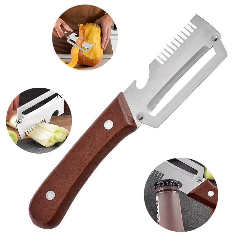 Multi-Functional Vegetable Peeler Kitchen 2 In 1 Stainless Steel Peeler With Wooden Handle And Bottle Opener