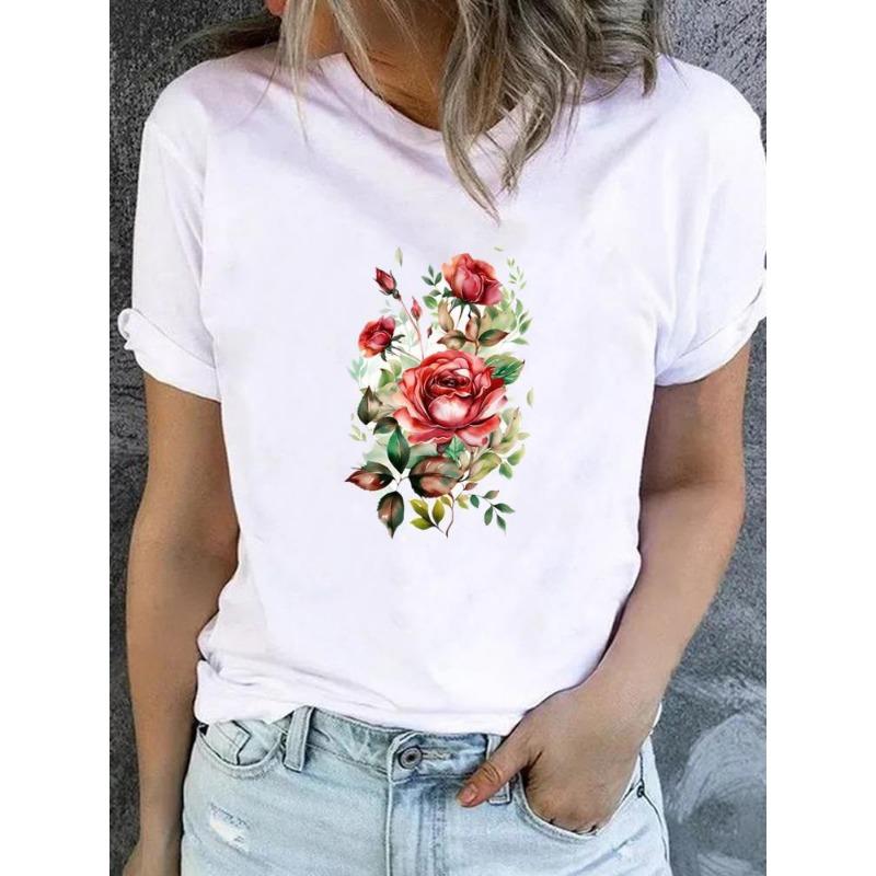 Cute Floral Print T-shirt Ladies Fashion Short-sleeved Clothing Casual Loose Top