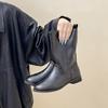 Korean Version of Retro Versatile Round Head Leather Boots Thick Heel High Heel Medium Boots Women's Autumn and Winter White and Thin Motorcycle Boo