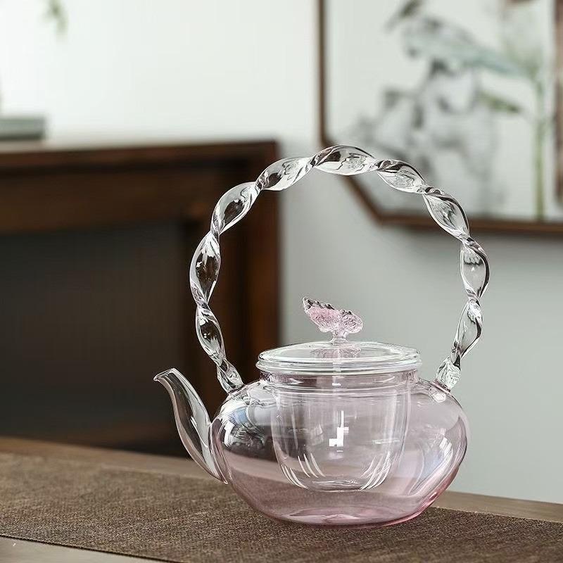 Glass Pink Butterfly-shaped Lid with Handle, Thickened Heat-resistant Glass Tea Pot, Handmade Pink Flower Tea Pot розовый