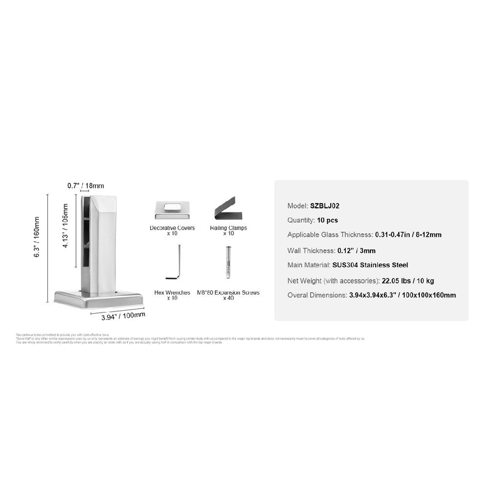 SucceBuy Glass Clamp 4PCS Square Glass Railing Bracket for 0.31 "-0.47 "Tempered Glass 0.12”Thick for Balcony Garden Deck Stair