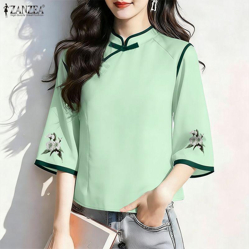 ZANZEA Damen Freizeit Stehkragen 3/4 Ärmel Blumenstickerei Bluse