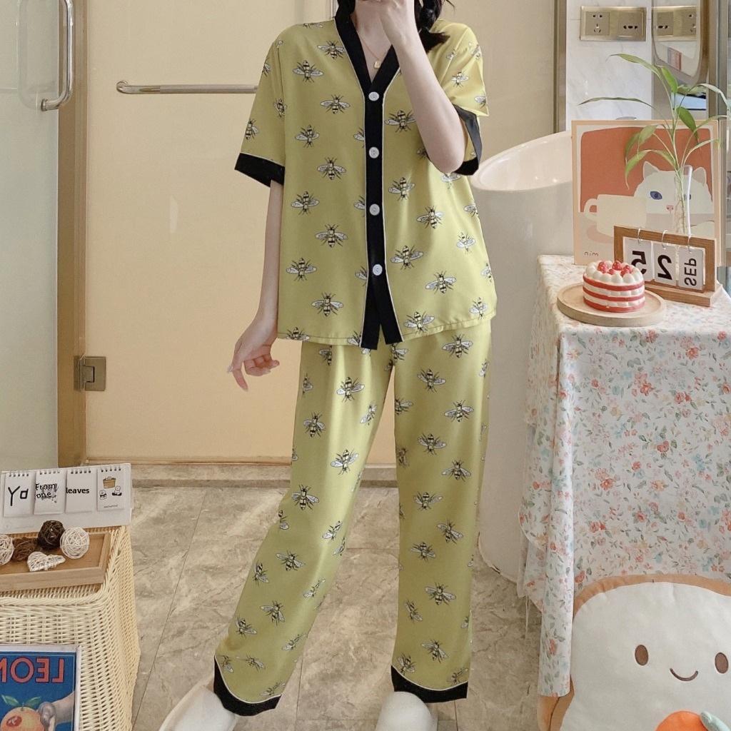 "Set de pijama pentru femei cu mânecă scurtă și decolteu în V - Bumbac Sweet Home & Îmbrăcăminte de exterior"