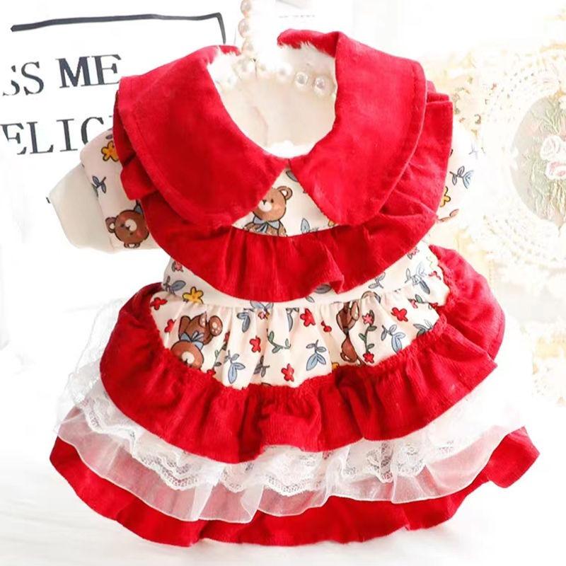 Dog Clothes Autumn and Winter Velvet Warm Double-layer Four-legged Small and Medium-sized Dog Red Lace Skirt Hairless Cat Princess Skirt