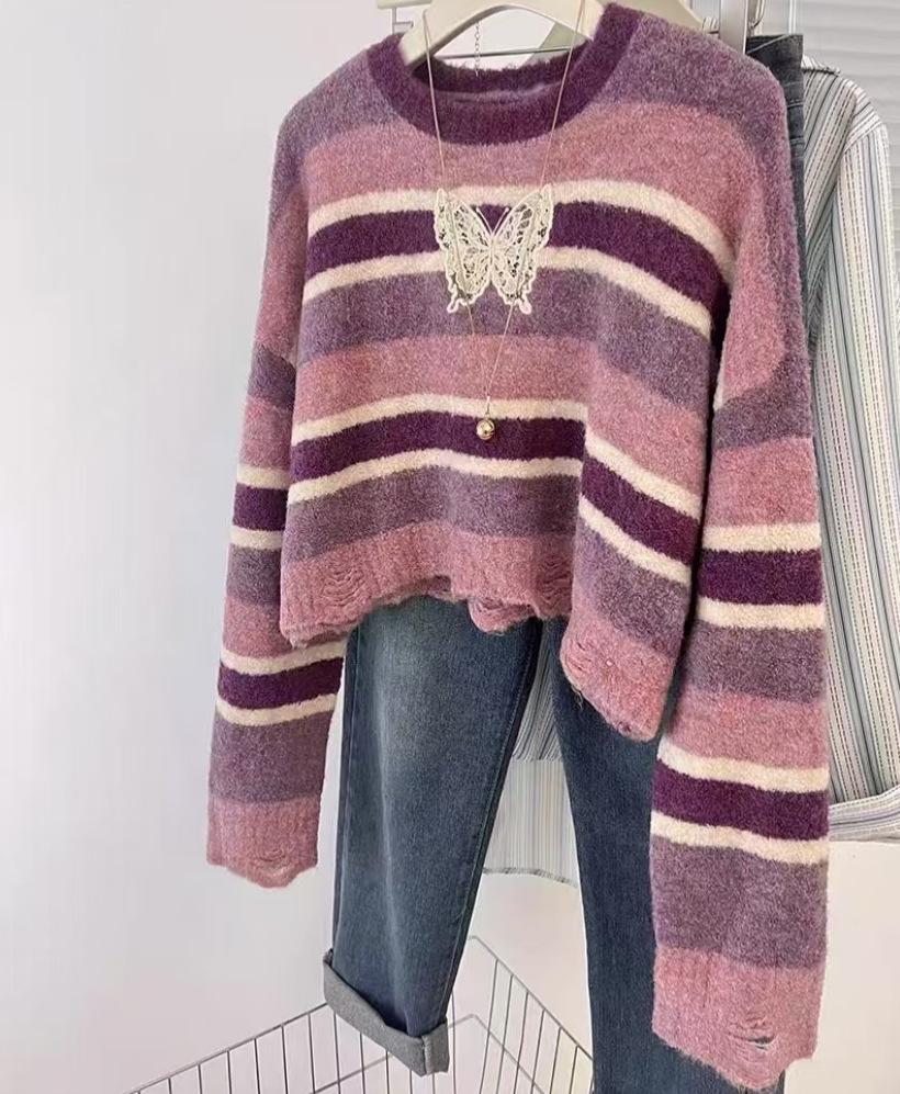 Women's Retro Color Block Striped Butterfly Knit Sweater, Round Neck, Short & Loose Fit for Spring/Autumn.