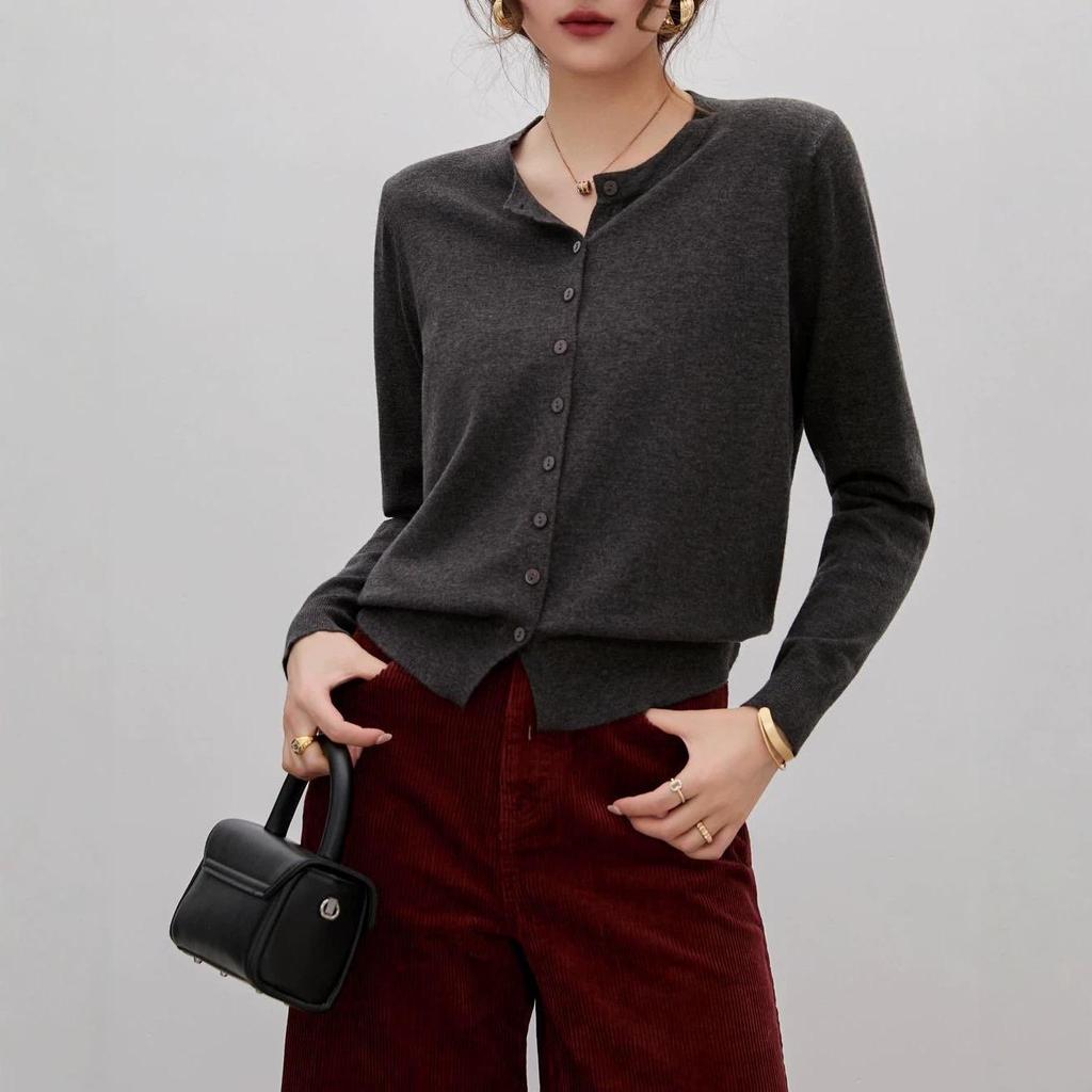 Round Neck Long Sleeve Knit Cardigan - Women's Versatile Solid Color Sweater for Spring and Autumn
