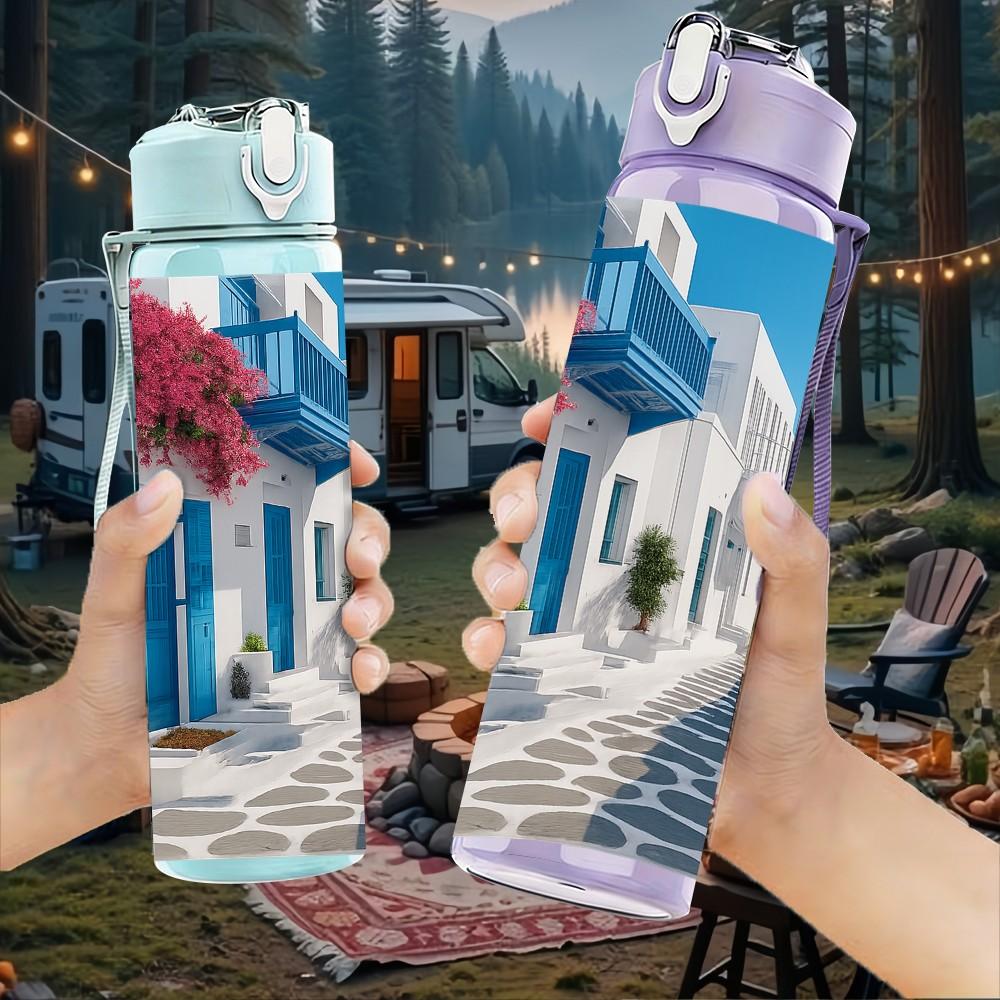 1PC Santorini Blue Street Building Print 750ml Color Plastic Sports Water Bottle Leakproof Flip Straw Lid Suitable for Sports Office Home Use