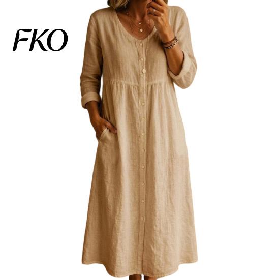 Soft Fabric Women Dress Summer Midi for Women, Button Down Long Sleeve Simple Style A-line Dress, Casual Loose V Neck Flowy Vacation Outfits Polyester