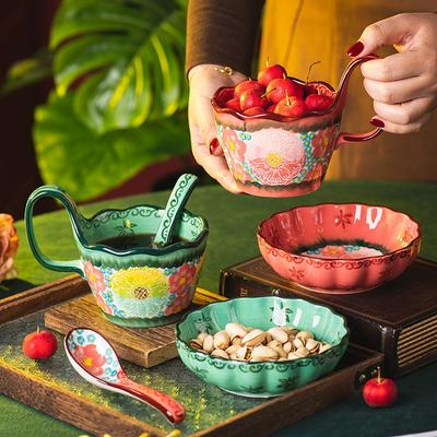 Soup Bowls with Handles, 3pcs Ceramic Plates and Bowls with Cup,Spoon,Soup and Sandwich Plate Combo, Polish Pottery Mug for Breakfast,Snacks,Dessert