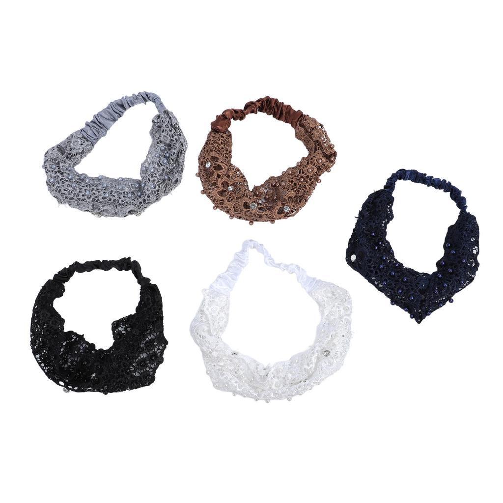 5 Stück Spitze Elastische Stirnbänder Damen Breit Floral Spitze Kopfwickel mit Perlenbesatz Elegant Haar