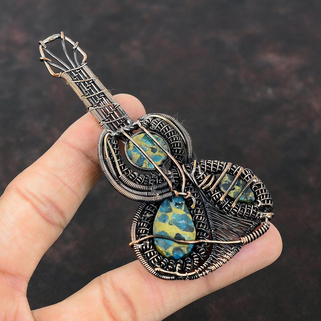 Cupru Neon Apatit Pandantiv Sârmă de cupru Pandantiv înfășurat Chitară Pandantiv handmade Sârmă Wrap Bijuterii Pandantiv cu pietre prețioase Bijuterii de cupru pentru cadouri