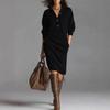 Women's Lapel Collar Partial Button Pocket Ribbed Knit Long Sleeve Midi Sweater Dress