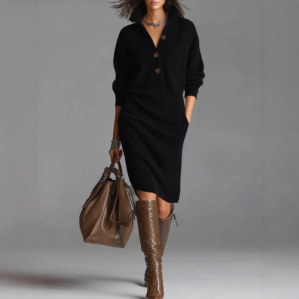 Women's Lapel Collar Partial Button Pocket Ribbed Knit Long Sleeve Midi Sweater Dress