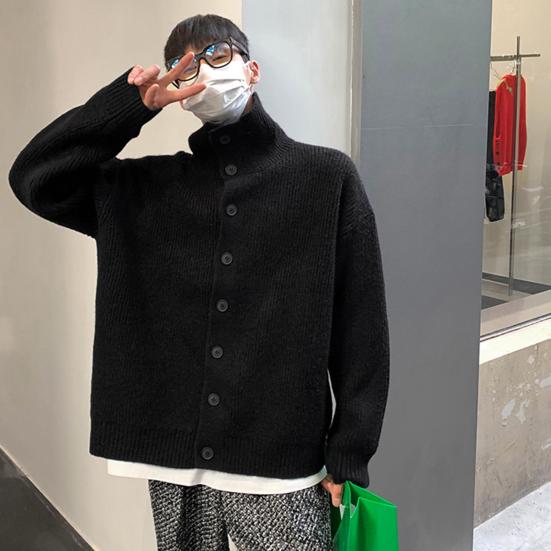 Podzim Zima Pánský Svetr Kardigan Vysoký Límec Ochrana Krku Pletený Silný Elastický Dlouhý Rukáv Volný Teplý Jednobarevný Pletený Oděv Denní Nošení Svetrový Kabát