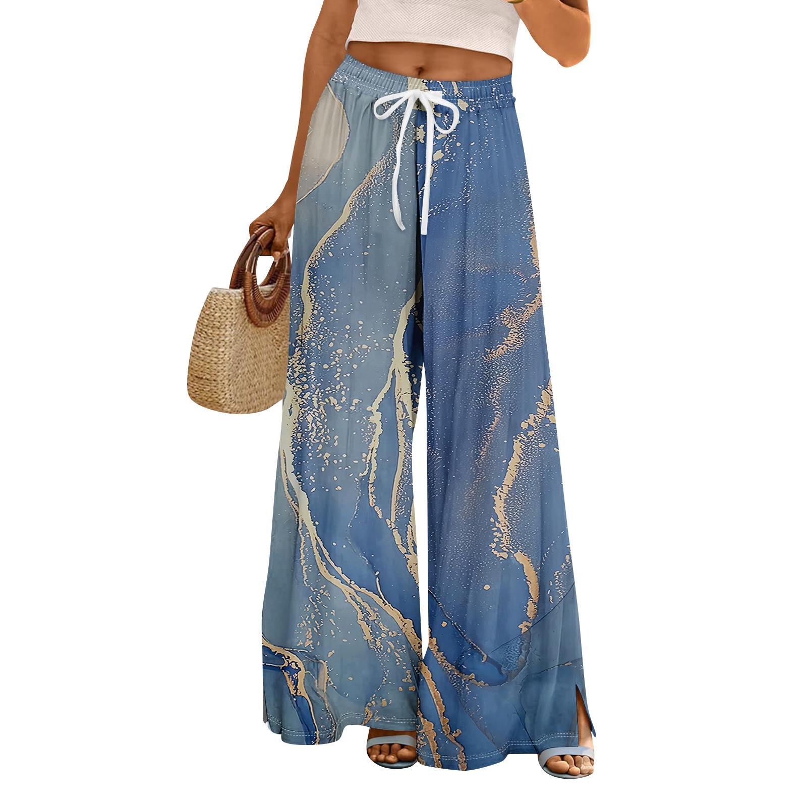 

Women Summer Boho Palazzo Pants High Waist Wide Leg Floral Printing Casual Trousers With Pockets L синий