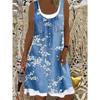Women's U Neck Sleeveless Loose Fake Two Piece Denim Print Midi Dress Casual Summer Floral Pocket Sundress