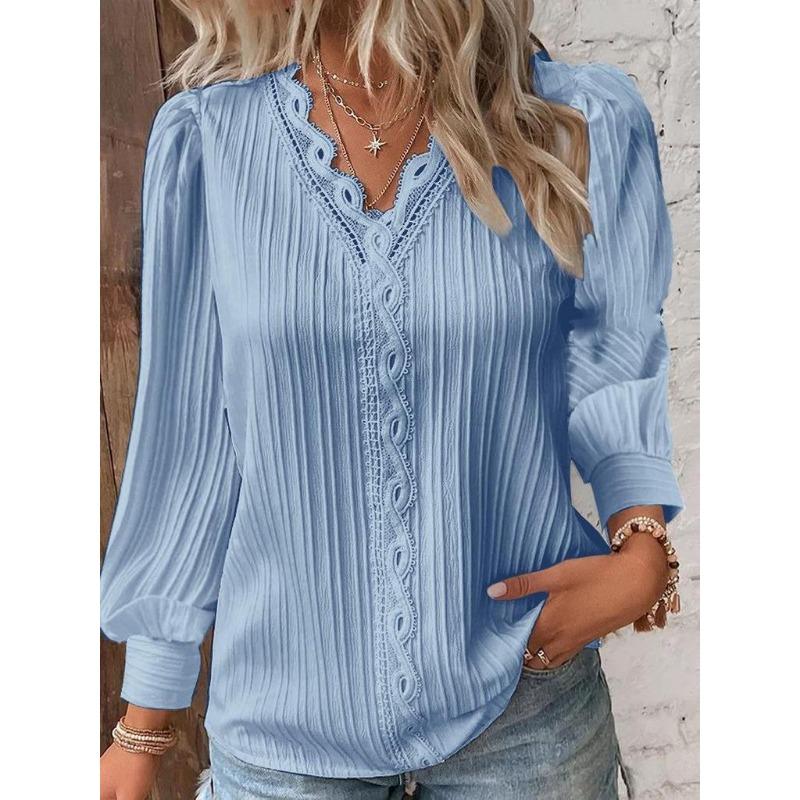 Spring Autumn Women Shirt Blouse Long Sleeve Tops Lace Patchwork V Neck Blouse