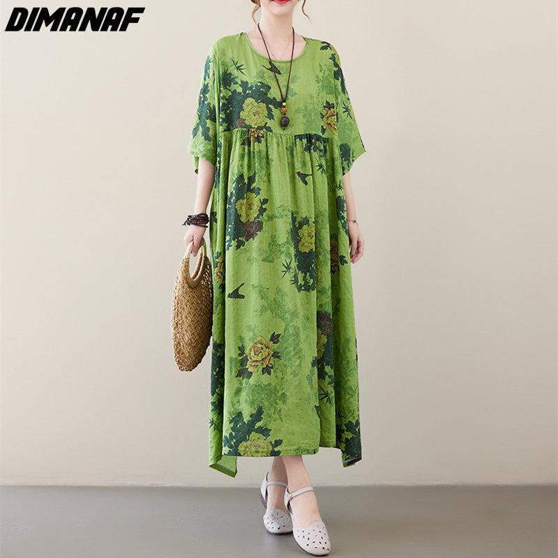 

DIMANAF 2023 женское платье летний сарафан льняной пляжный праздничный принт с цветами модные женские платья Vestidos свободное повседневное платье макси большого размера зеленый