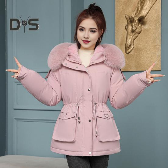 Women Winter Coat Thick Plush Furry Hooded Long Sleeves Pockets Drawstring Waist Zip-up Windproof Mid Length Overcoat Outdoor Outwear