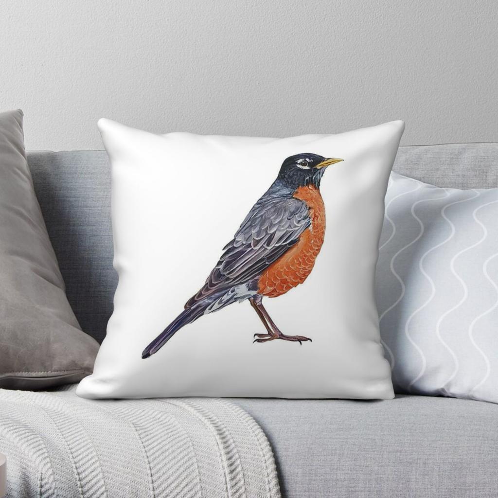 American Robin Bird Square Pillowcase Polyester Linen Velvet Printed Zip Decor Home Cushion Cover