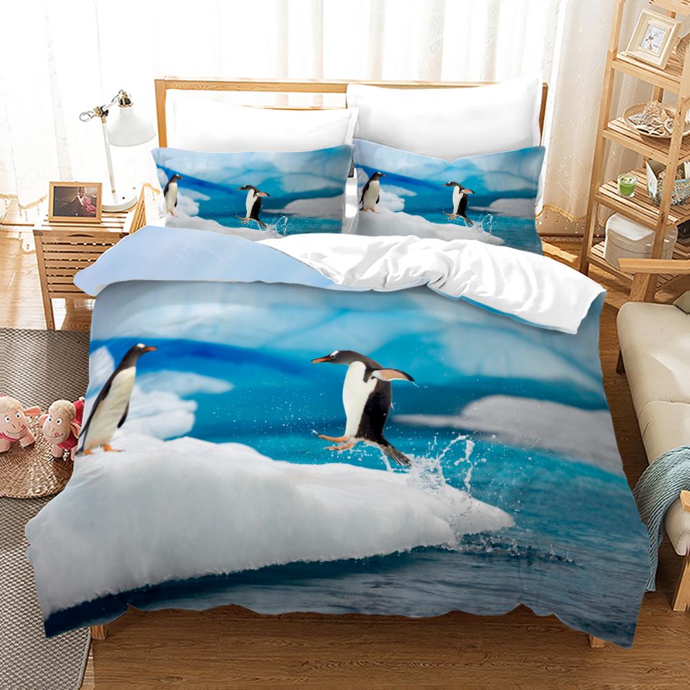 Antarctic Penguins Duvet Cover Set For Kid Girl Boy Cute Animals Polyester Comforter Cover Black White Print Bedspread King Size