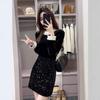 Women's Spring 2025 Black Velvet Lace Patchwork Top