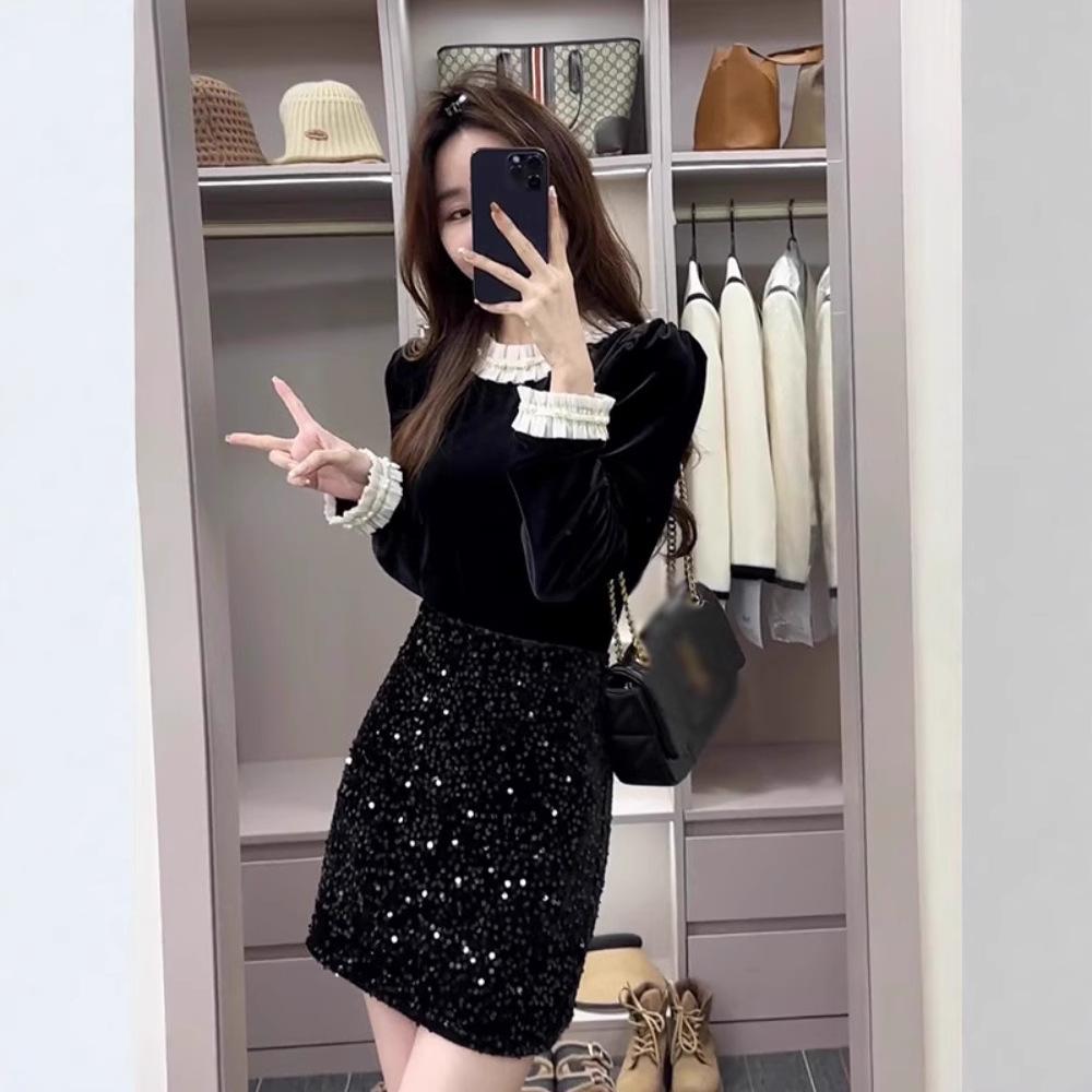 Women's Spring 2025 Black Velvet Lace Patchwork Top