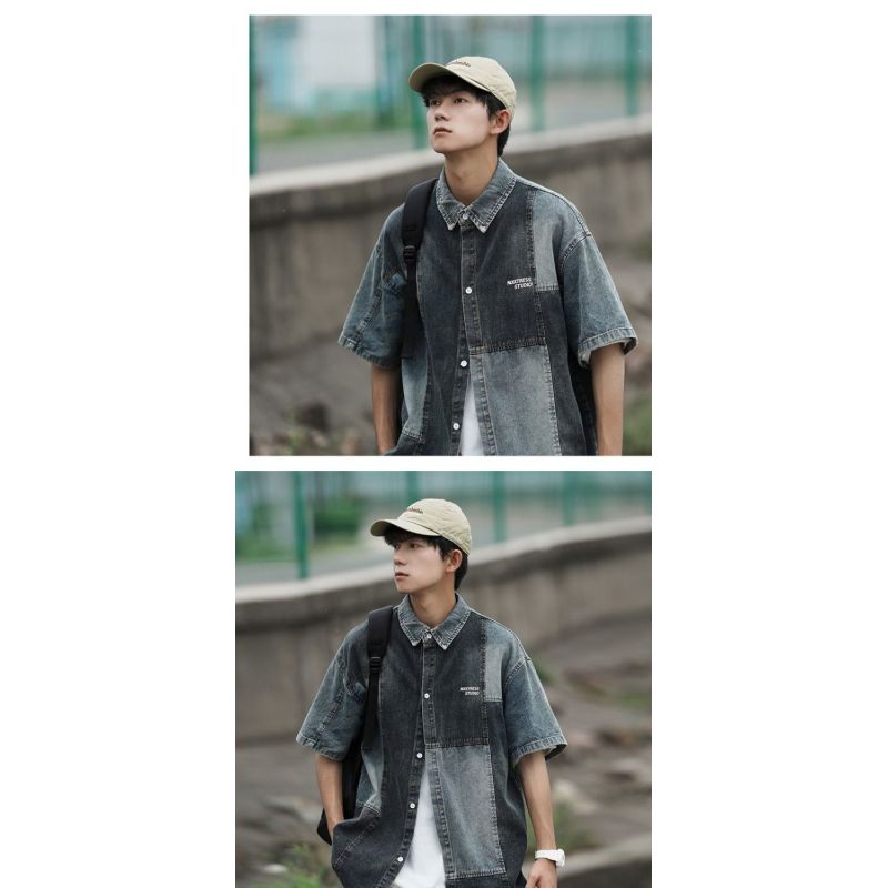 American Summer Profile Splicing Denim Vest Men's Short-sleeved Shirt Niche Men and Women Teenagers Couple Jacket