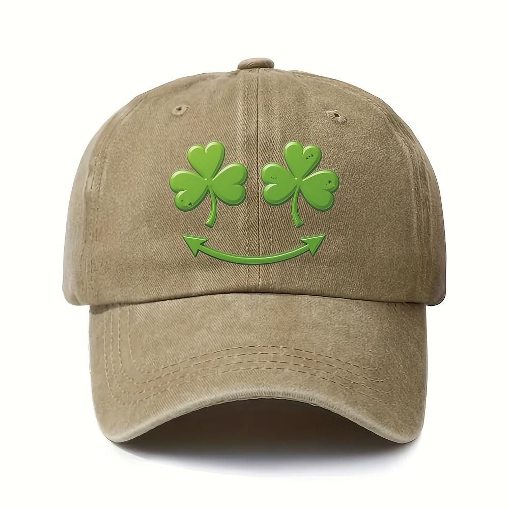 Lucky Clover Smiley Face Baseball Cap Adult Polyester Distressed Casual Sports Adjustable Cap