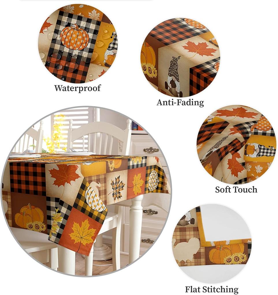 Fall Pumpkin Turkey Maple Leaf Gnome Waterproof Tablecloth Table Decor Washable Kitchen Dining Tablecloth Holiday Party Decor