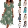 Damesmode Casual V-hals Korte Mouw Gerimpelde Vintage Bedrukte Jurken