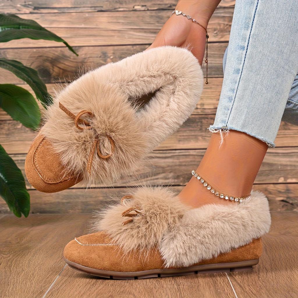 Women's Plush Slip-On Slippers with Bow - Winter Indoor/Outdoor House Shoes, Soft Cushioned TPR Sole & Plush, Cozy Non-Skid Footwear