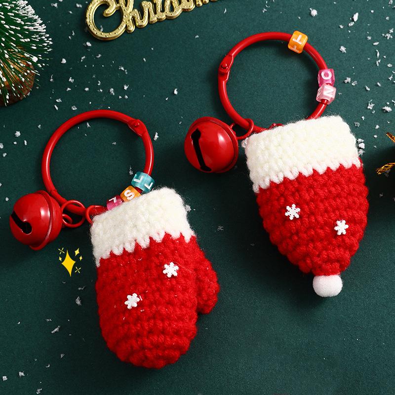 1PC Christmas Keychain New Year Gifts Santa Glove Handmade Doll Ornament Hanging Bag Ornament Crochet Wreath & Hat