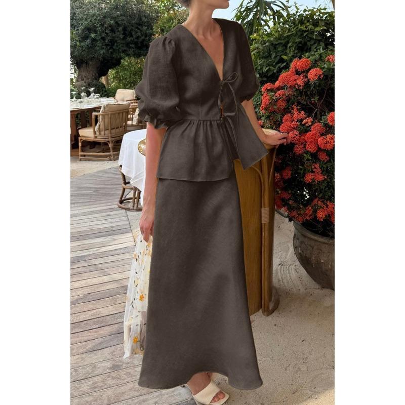 European and American women's clothing spring and summer new fashion bubble sleeves V-neck lace-up top high waist skirt women's cover