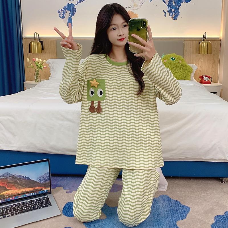 Paski Zielony Zestaw Piżamowy Damski Urocza Codzienna Bielizna Nocna Długi Rękaw Długie Spodnie Jesień Zima Piżama Dziewczęca Miękka Przytulna Piżama Damska