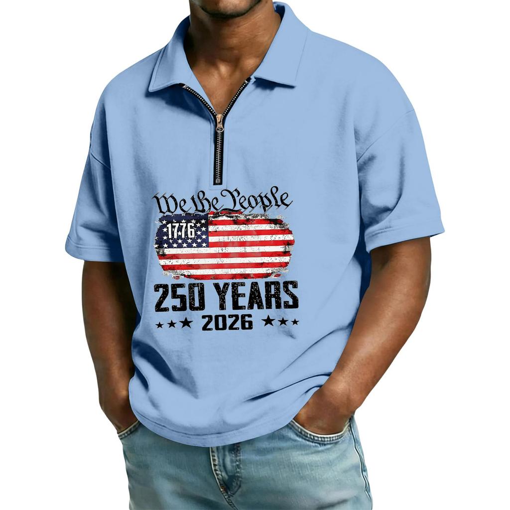 Men's Casual Loose American Independence Day Printed T-shirt Lapel Short Sleeve Daily Tops