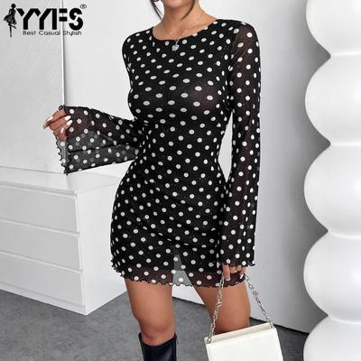 Moda Donna Primavera Autunno Polka Dot Stampa Manica Lunga Girocollo Vita Alta Casual Abiti