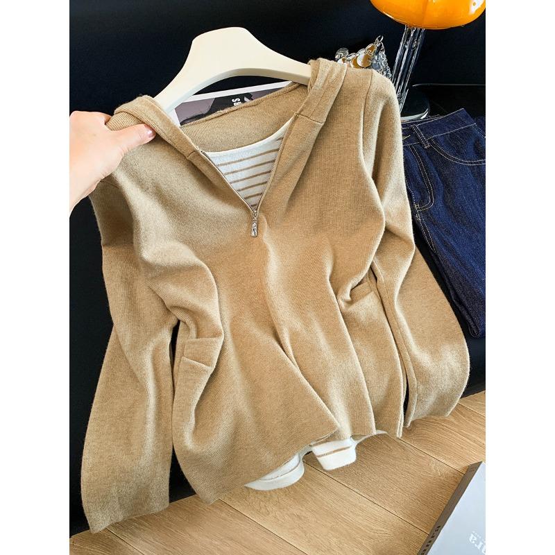 Fake Two-piece Hooded Long-sleeved Knitted Sweater Women's Autumn New Pleated Waist Design Top